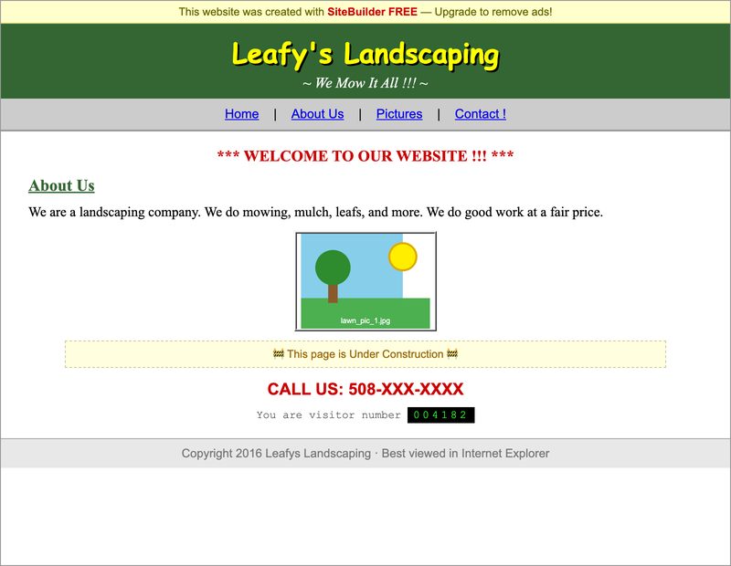Leafy's Landscaping's old website: a dated free site-builder page with clip art and a visitor counter